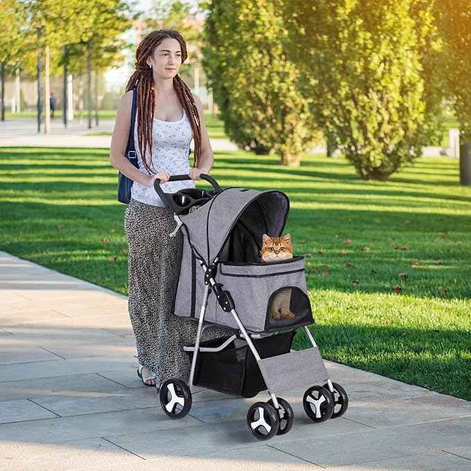 Pet Stroller 4 Wheels Dog Cat Stroller for Small Medium Dog Cats Carrier Jogger Travel Foldable Puppy with Storage Basket and Cup Holder (Grey)