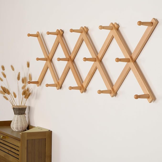 SKOLOO Hat Rack for Wall with 14 Hooks, Solid Wooden, Modern, Expandable Coat Rack Wall Mount for Coats, Hats, Bags, Baseball Caps, Natural Color - Image 3