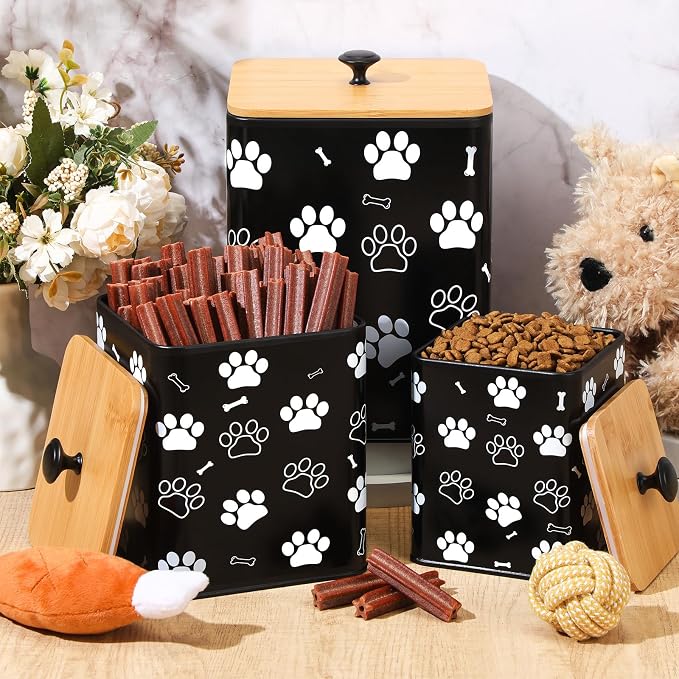 Reallnaive Airtight Dog Treat Container Set of 3 with Bamboo Lids Metal Treat Jars for Countertop Decorative Pet Snack Food Storage Canister Kitchen Biscuit Holder(Black) - Image 4