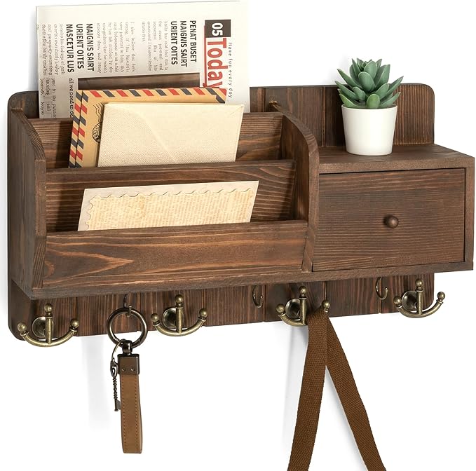 Rebee Vision Pine Wood Key Holder Wall Mount with Mail Sorter, Retro Brown | Mail and Key Organizer for Wall, 7 Key Hooks, Drawer Organizer, Store Envelopes, Mail Organizer for Wall, Ideal for Entryway by REBEEVISION