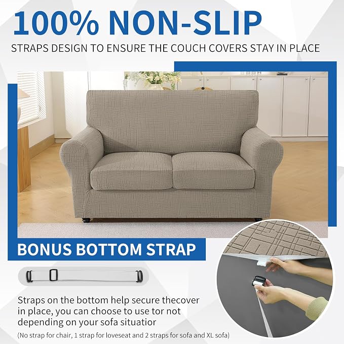 CYCMCAO 3 Piece Stretch Sofa Cover Couch Covers for 2 Cushion Couch, Non Slip Loveseat Covers, Sofa Covers Washable with Elastic Bottom for Kids, Dogs (Khaki), 55"-69" (2 Cushion Loveseat) - Image 7