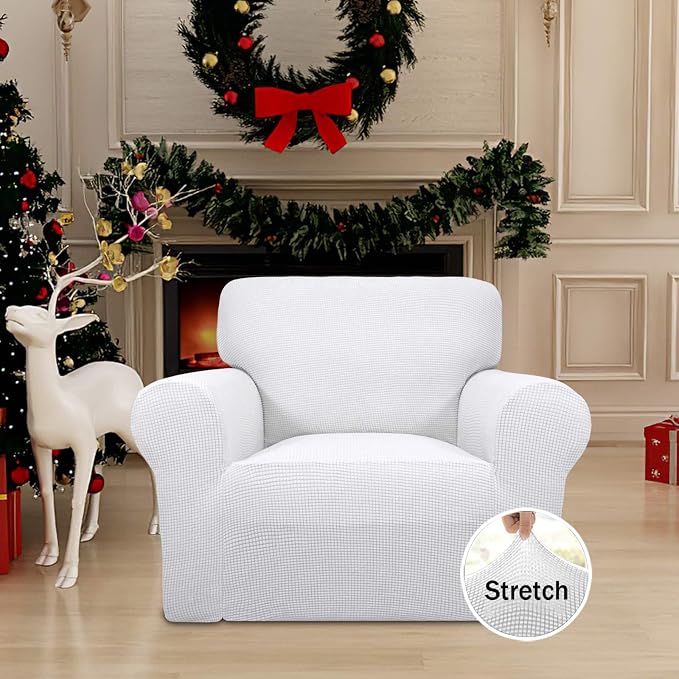Easy-Going Stretch Chair Slipcover with Arm Washable Snow White | 1-Piece Couch Sofa Cover Furniture Protector for Living Room Soft with Bottom For Kids, Pet. Spandex Jacquard - Image 2