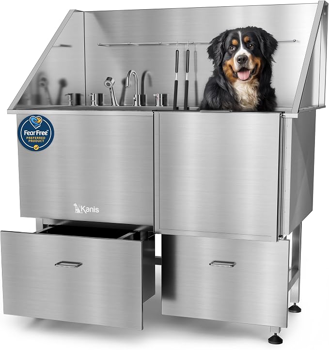 KANIS Professional Dog Washing Station 304 Stainless Steel Pet Wash Sink | Grooming Bathtub w/Shower, Floor Grates and Storage for Large, Medium & Small Pets by KANIS