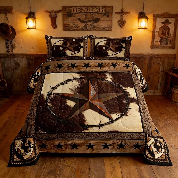 Western Stars Comforter Set King Size,Cow Fur Texture Print Bedding Set 3pcs for Kids Boys Girls Teens Adults Room Decor,Old Wooden Board Vintage Quilt Set Brown Rustic Duvet Insert,2 Pillowcases by Homewish