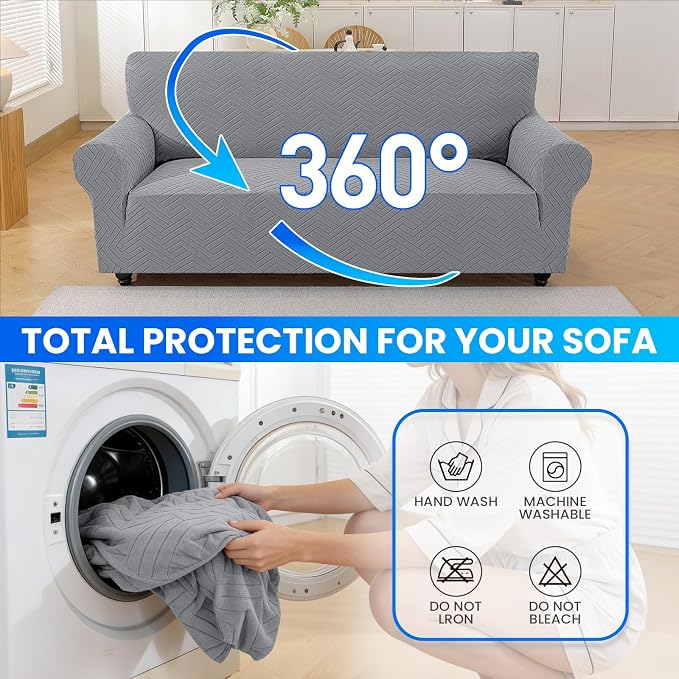 Stretch Sofa Cover Non-Slip Washable Furniture Protector | Stretch, 91"-110".Soft, Non Skid Foam, Elastic Bottom, Machine Washable, for Kids & Pets, Couch & Sofa, Light Gray - Image 8