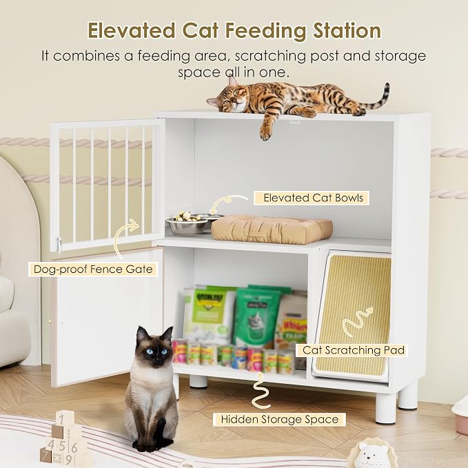 Metal Cat Feeding Station, Dog Proof Cat Feeding Station, Pet Food Storage | Cat Food Table, Raised Bowls for Indoor Cats, Elevated Food Bowls with Stand, Cat House with Scratching Board, Metal White - Image 3