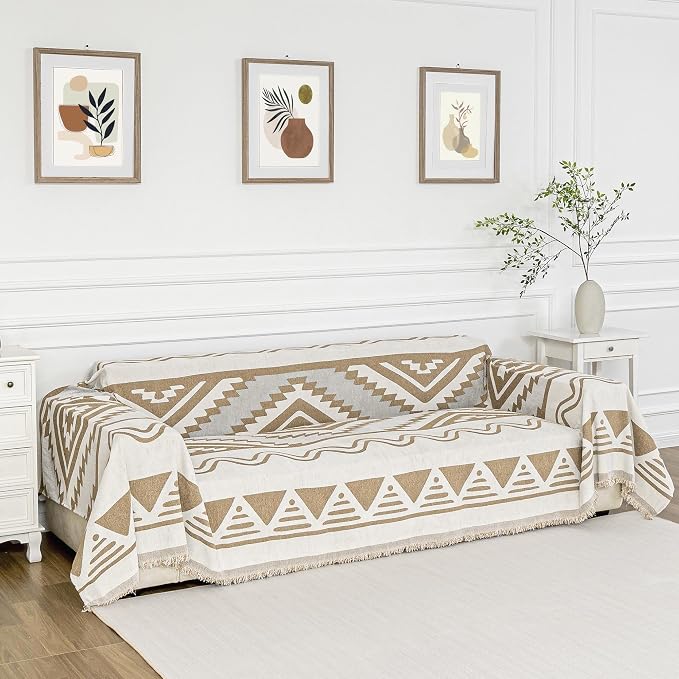 MYSKY HOME Sectional Couch Cover Khaki Boho Geometric Sofa Covers for Sectional Sofa L Shape Chenille Couch Protector for Dogs Pets Couch Throw Cover Washable Durable for Home Decor, 71" X118" - Image 2