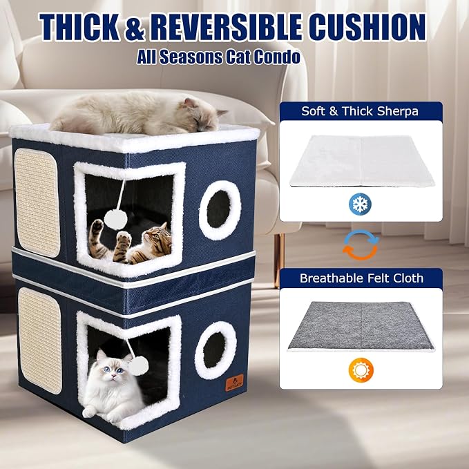2-Story Cat House for Indoor Cats, Dual-Purpose Cat Cave Bed with Scratch Pad and Fluffy Ball, Foldable Cat Hideaway, Cute Cat Condo Furniture for Multi Small Pet Kitten, Blue - Image 6