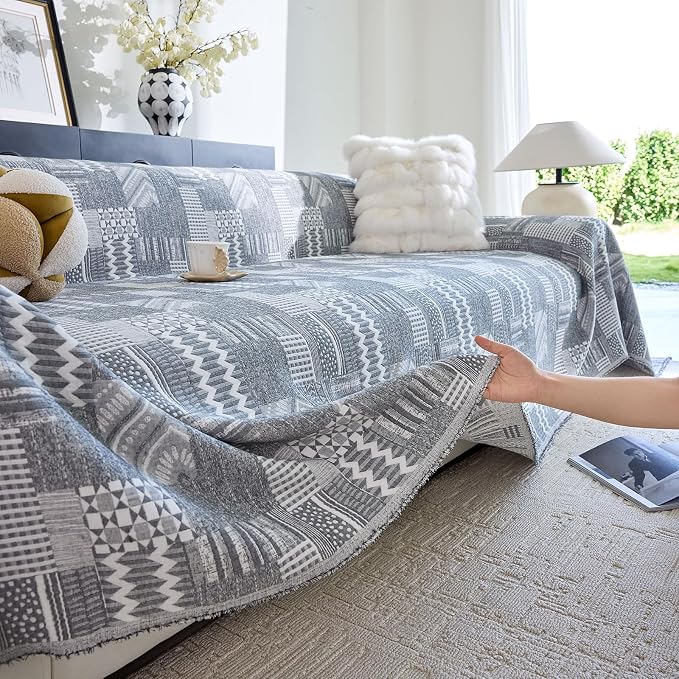 DREAMINGO Vintage Patchwork 3-Layer Gauze Geometric Jacquard Sofa Cover, Farmhouse Couch Cover Blanket for 2 Seater, Living Room Washable Furniture Protector, Dark Grey, 91"x118" - Image 4