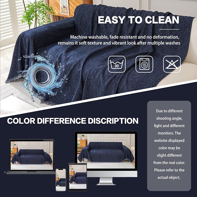 DREAMINGO Sofa Covers Washable Thick Chenille Couch Cover for 3 Cushion Couch Sofa Multi-Use Couch Cover Blanket Modern Pet Furniture Protector Sectional Couch Slipcover 91"x150", Navy Blue - Image 6