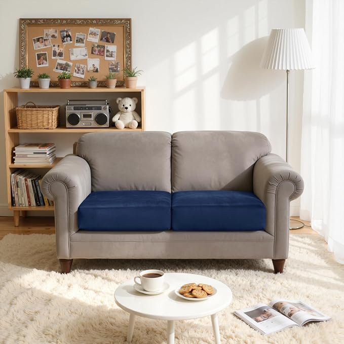 CHUN YI Velvet Couch Cushion Covers, 2PC Water Resistant Loveseat Cushion Covers for 2 Cushion Couch, Individual Seat Cushion Covers Cushion Protector Slipcovers for Pets (2 Pack, Navy Blue) - Image 2
