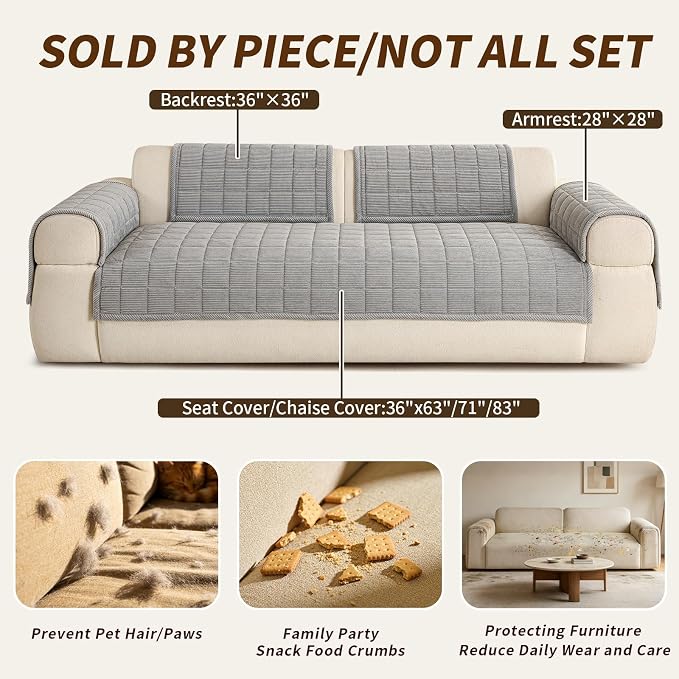 Velvet Couch Covers for Sectional Sofa Washable, Non-Slip L Shaped Sectional Couch Cover, Soft Pet Couch Covers for Sofa, Furniture Slipcovers for 3 Cushion Couch(1PC,35"x83",Light Grey) - Image 4