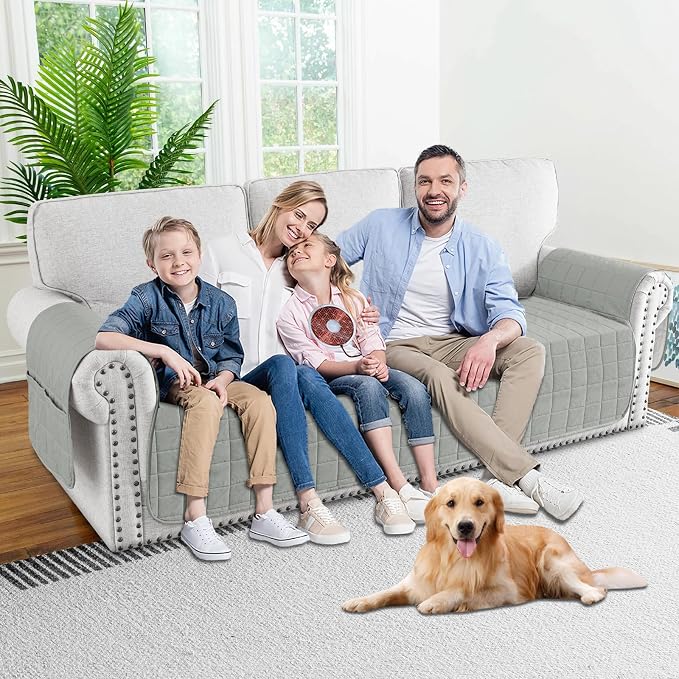 MAXIJIN Waterproof Couch Cover for Pets Dogs Washable, Quilted Sofa Seat Covers Washable for 3 Cushion Couch, Non-Slip Slipcover Furniture Protector with Side Pockets (Sofa, Light Gray) - Image 2