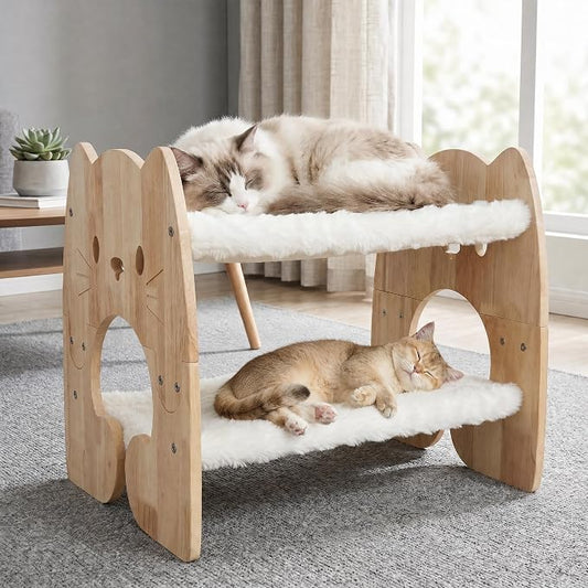 Elevated Cat Bed, Solid Rubberwood Cat Hammock Bed with Soft Breathable Cover, Double Pet Beds for Multi-Cats Households Small Dog Rabbit by Fopeat