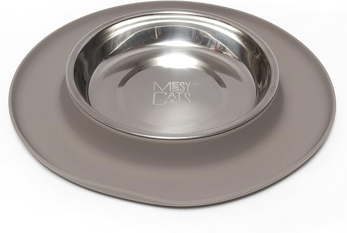 Messy Cats Single Silicone Feeder, Stainless Bowl, 1.75 Cup, Grey | Non-Slip Silicone Cat Feeding Station With Removable Stainless Steel Saucer Bowl For Food Or Water by Messy+Cats