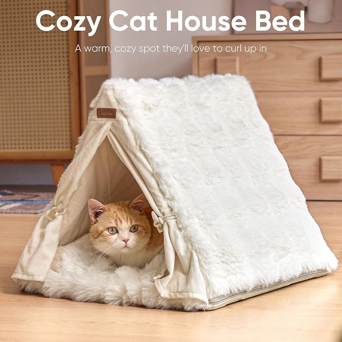 FUKUMARU Cat Cave Bed, Sturdy Frame Washable Cat Tent Bed with Curtain | Semi-Enclosed Cat Hideaway for Anxious Cats, Large Cozy Cat House for Indoor Cats, Soft Plush Covered Dog Bed, Cream - Image 7