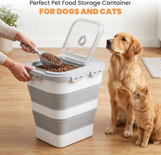 40 Lbs Dog Food Storage Container, Collapsible Cat Food Container | Airtight Pet Food Storage Containers with Wheels, Clear Window, 2 Measuring Cup, Scoop, BPA Free for Rice, Flour, Bird Seed - Image 6
