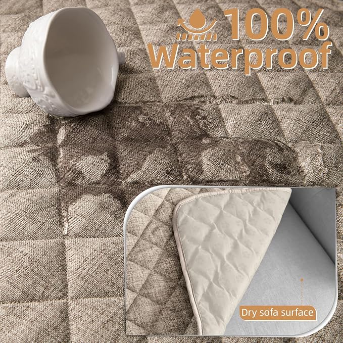 Dog Couch Cover for Sofa 100% Waterproof Faux Linen Sofa Covers for 3 Cushion Couch Washable Pet Friendly Sofa Slipcovers Non Slip Quilted Furniture Seat Protector (27.6x71 in, Khaki) - Image 2