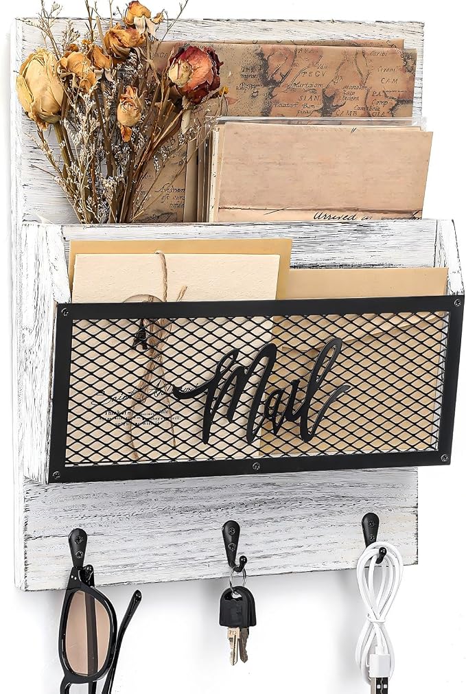 Yalikop Farmhouse Mail Organizer Wall Mounted Rustic Mail Holder Hanging Key Sorter with 3 Hooks Indoor Wooden Wall Mounted, Letter, Magazines, Newspapers, Keys(Classics,White Gray) by Yalikop