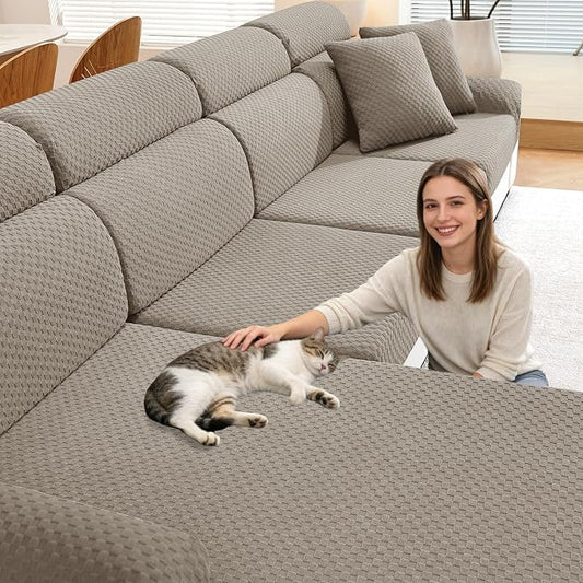 YEMYHOM Couch Cushion Covers for Sofa, Stretch Sectional Couch Seat Cushion Covers Washable Thick Furniture Protector Sofa Slipcovers for Pets (3 Seater + 1 Chaise, Khaki) by YEMYHOM