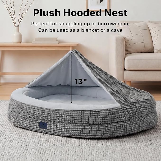 Veehoo 2-in-1 Dog Cave Bed with Cover, Covered Dog Bed for Large Dogs | Hooded blanket, supportive foam, removable washable cover, plush comfort, non-slip bottom - Image 3