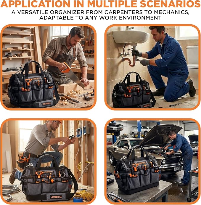 Arbon Electrician Tool Bag, Heavy Duty Tool Organizer, 34 Pockets, 52+ lb | Large storage for men, 5-layer reinforced walls, metal frame, hard molded base, water resistant polyester PP plastic, gray - Image 10