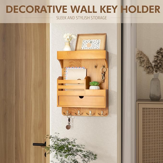 Rebee Vision Key Holder Wall Mount with Drawer for Home Decor, Light Brown | Key Holder for Wall, 6 Key Hooks, Floating Wall Shelf, Drawer Organizer, Mail Sorter, Room Decor Aesthetic - Image 4