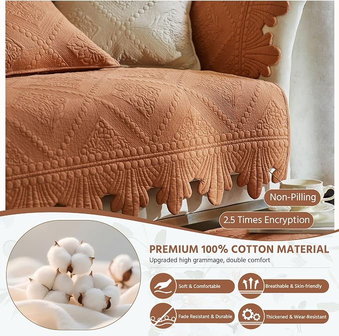 OTOB Cotton Quilted Dog Couch Covers for Sofa Washable Anti Slip, 1 Piece | Burnt Orange, 27.6"x70.9", Rustic Farmhouse Embroidery, All Seasons, Soft Thick, Breathable, Wear-Resistant, Pet Friendly - Image 2
