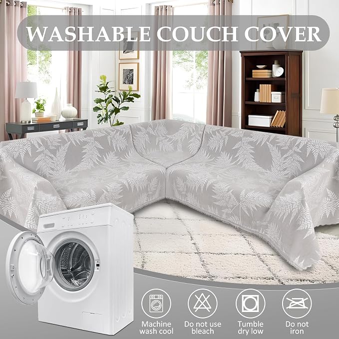 1OO% Waterproof Sectional Couch Covers for Dogs L Shaped Corner Sofa Cover Washable Chenille Sofa Slipcovers Blanket Modern Jacquard Pet Furniture Protector (91"x252", Light Gray Leaf) - Image 8