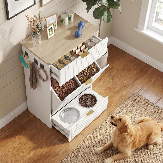 Dog Feeding Station Cabinet, Elevated Bowls with Slow Feeder Insert, White | Slow Feeder Insert, Large food bin, Removable Divider, 3 Side Hooks, Pull-Out Drawer, Easy to Clean for Small & Middle Dogs - Image 8