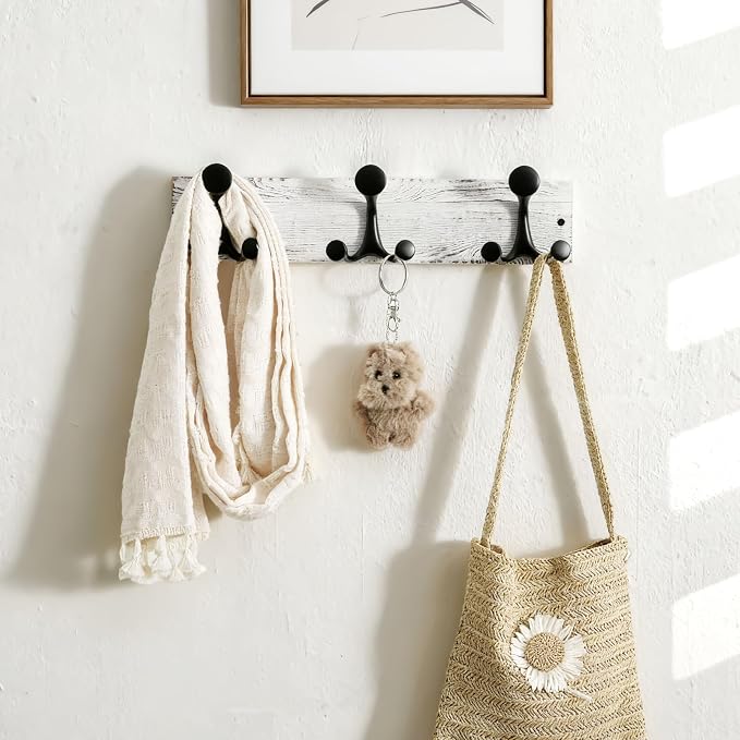 SKOLOO 17-Inch Wood Coat Rack Wall Mount with 3 Triple Hooks - Ideal for Family Entrances, Classrooms, and Pet Supplies Storage - Perfect Coat Hooks for Wall,Distressed White Wash, Pack of 2 - Image 2