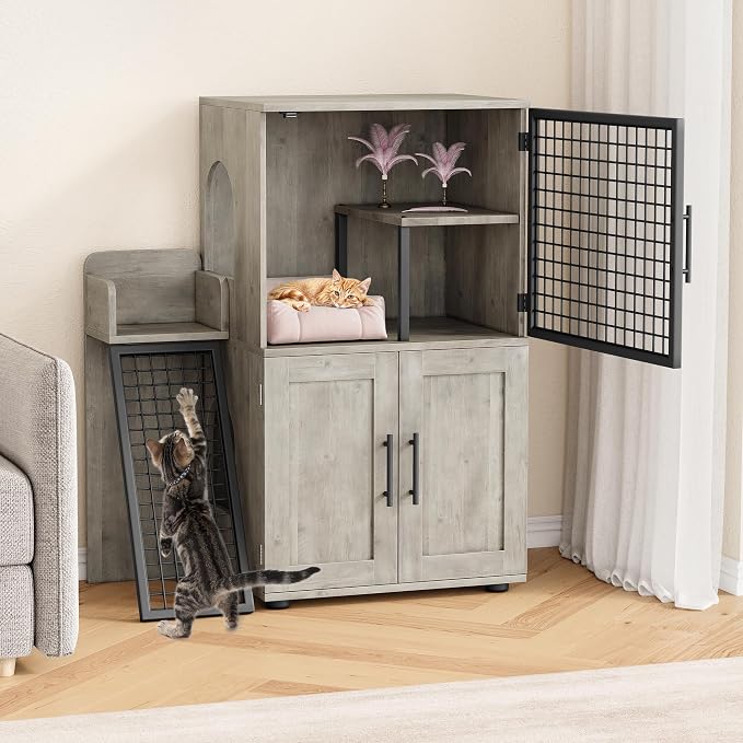 IDEALHOUSE Cat Litter Box Enclosure with Double Layer, Grey | Double Layer Cat Litter Box Furniture with Ladder, Creates a Private Cat Space While Keeping Living Rooms Clean and Organized - Image 5