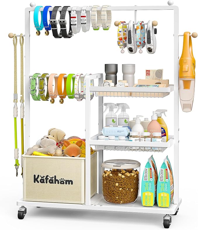 KAFAHOM Dog Toy Basket, Basket For Dog Toys Living Room, The Stuff For Dogs, Cat Toy Box, Dog Toy Bin, Toy Chest Storage, All-in-One Pet Supplies Organizer with Leash Hanging Rail and Locking Casters by KAFAHOM