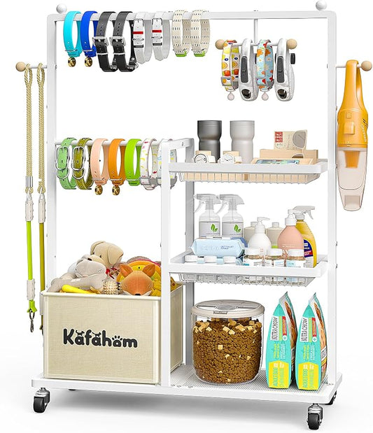 KAFAHOM Dog Toy Basket, Basket For Dog Toys Living Room, The Stuff For Dogs, Cat Toy Box, Dog Toy Bin, Toy Chest Storage, All-in-One Pet Supplies Organizer with Leash Hanging Rail and Locking Casters by KAFAHOM