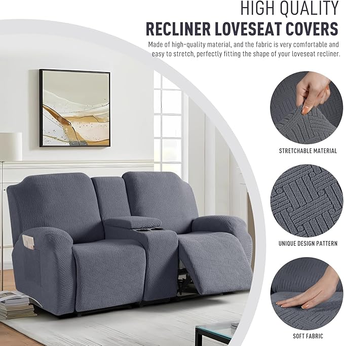 KinCam Loveseat Recliner Covers with Middle Console Slipcover, Dark Gray | Stretch Recliner Sofa Covers for 2 Seat Couch Cover, Jacquard Furniture Protector Covers with Elastic Bottom for Kids, Pets - Image 2