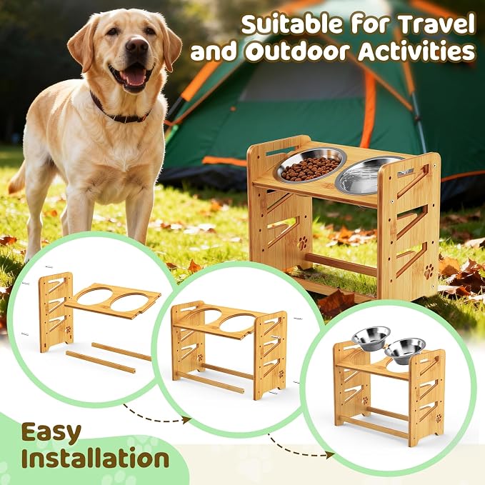 Elevated Dog Bowls, Adjustable Raised Dog Bowl Stand for Large and Medium Pet, 15" High Bamboo Pet Food Feeder with 2 Stainless Steel Dishes（6 Heights） - Image 6