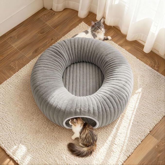 Cat Tunnel Bed for Indoor Cats, Peekaboo Cat Cave Bed,Soft Cat Donut Tunnel for Kitten Large Cats, Grey - Image 8