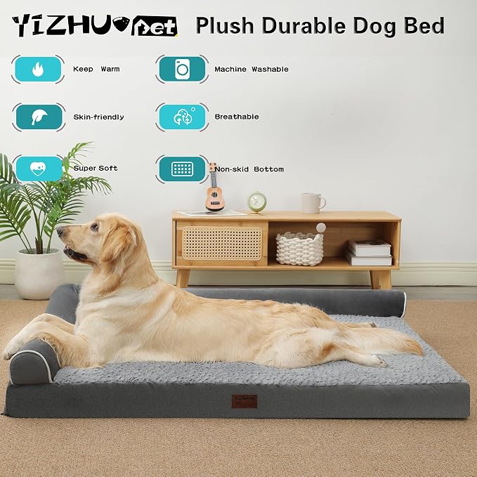 Grey 36''x27''x6.5 Medium L Orthopedic Plush L Shape Dog Bed | Soft, Waterproof, Egg Foam, Pet Crate Beds Mat, Kennel Pads, Removable Washable Cover,Non-Slip Bottom,Anti-slip oxford fabric - Image 2
