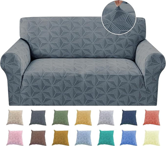YEMYHOM 1 Piece Stretch Couch Covers for 2 Cushion Couch, Jacquard Loveseat Cover with Non-Slip Elastic Bottom, Thickened Slipcover Furniture Protector for Dogs Pets (Medium, Dark Gray） by YEMYHOM