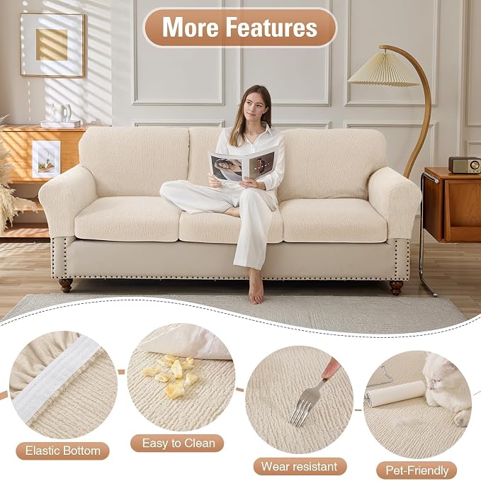Couch Cushion Covers for Sectional Sofa Stretch Sofa Slipcovers Washable Wear-Resistant Sectional Couch Covers L Shaped Seats Furniture Protectors for Pets(Natural, 3 Seater+1 Chaise) - Image 3
