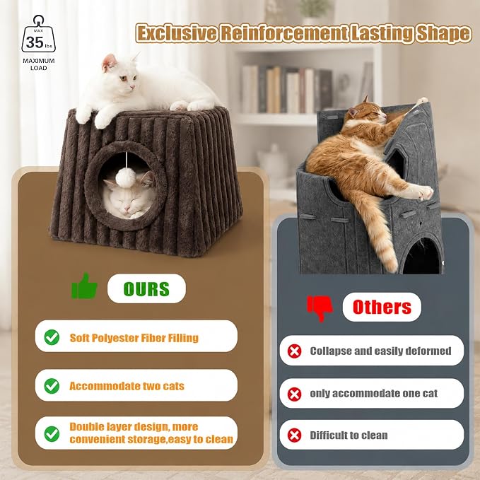 Dogpals Indoor Cat House - Large Cat Cave Bed with Fluffy Balls, Foldable Cat Bed Cave and Apartment with Pads, Suitable for Multiple Small and Large Cats, 18.5x15.4x15.4inches (Coffee, XL) - Image 2
