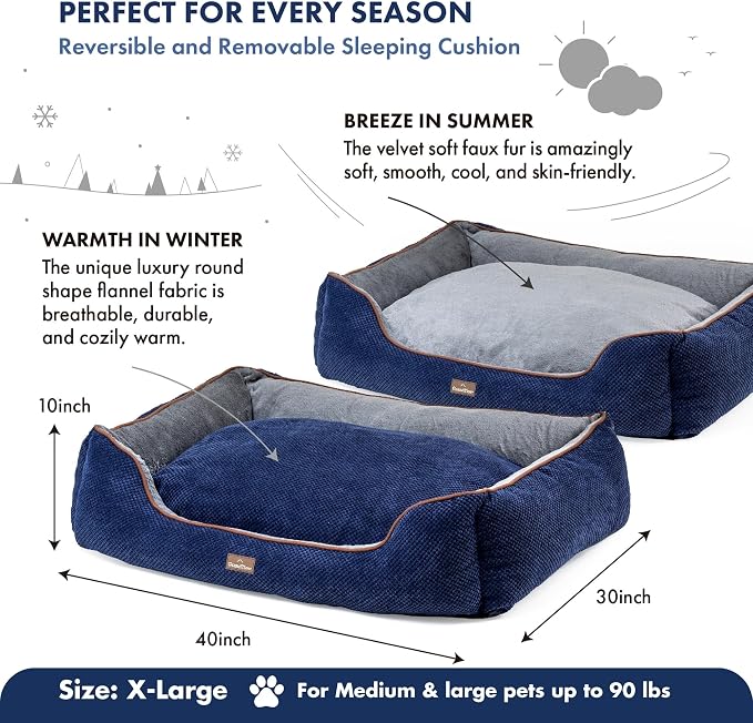 GRANDTIES Fluffy Dog Beds for Small Medium Large Dogs & Cats, Machine Washable Dog Bed, Rectangle Breathable Soft Calming Sleeping Warming Pet Beds with Waterproof & Non-Slip Bottom (XL 40", Navy) - Image 3