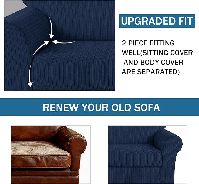 Armchair Cover Stretching Skid Resistance Couch Cover for Pets Washable, Thick and Durable Soft High Spandex Striped Pattern Sofa Covers, Form Fitted Chair Slipcover(Armchair, Navy) - Image 4