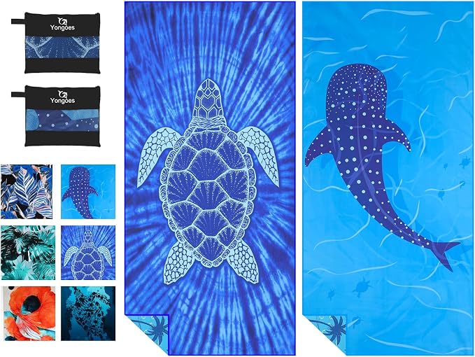 Yongoes 2 Pack Microfiber Beach Towels Oversized 71x32 Turtle Whale Shark | Thin & Lightweight, Sand Free, Super Absorbent Quick Dry Large for Pool Swim Bath Travel Vacation Accessories Essentials by Yongoesbeachtowel
