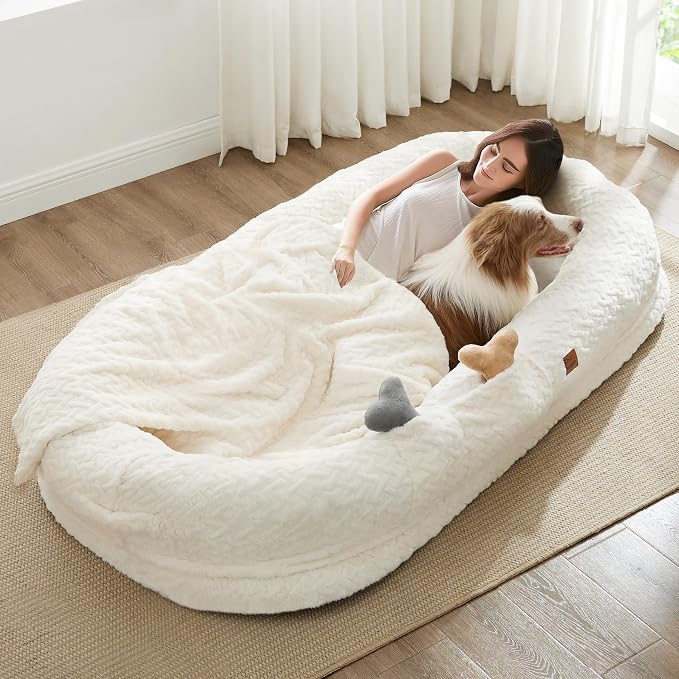 ChiXnuggle Orthopedic Human Dog Bed,with Faux Fur Washable Cover,Blanket | white,72*40*10,giant dog bed for adult or extra large dogs,egg crate foam,non-slip bottom by SnuggleUpPawsDown