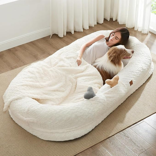 ChiXnuggle Orthopedic Human Dog Bed,with Faux Fur Washable Cover,Blanket | white,72*40*10,giant dog bed for adult or extra large dogs,egg crate foam,non-slip bottom by SnuggleUpPawsDown
