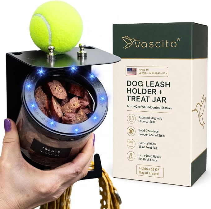 Dog Leash Holder for Wall with Shelf - Wall Mounted Dog Treat Holder & Station, 1 Airtight 16oz Treat Container, 6 Hooks, Patented Lidless Slide-to-Seal Jar, Solid Steel, Made in USA by Vascito