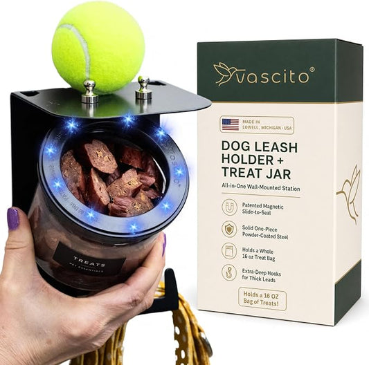 Dog Leash Holder for Wall with Shelf - Wall Mounted Dog Treat Holder & Station, 1 Airtight 16oz Treat Container, 6 Hooks, Patented Lidless Slide-to-Seal Jar, Solid Steel, Made in USA by Vascito