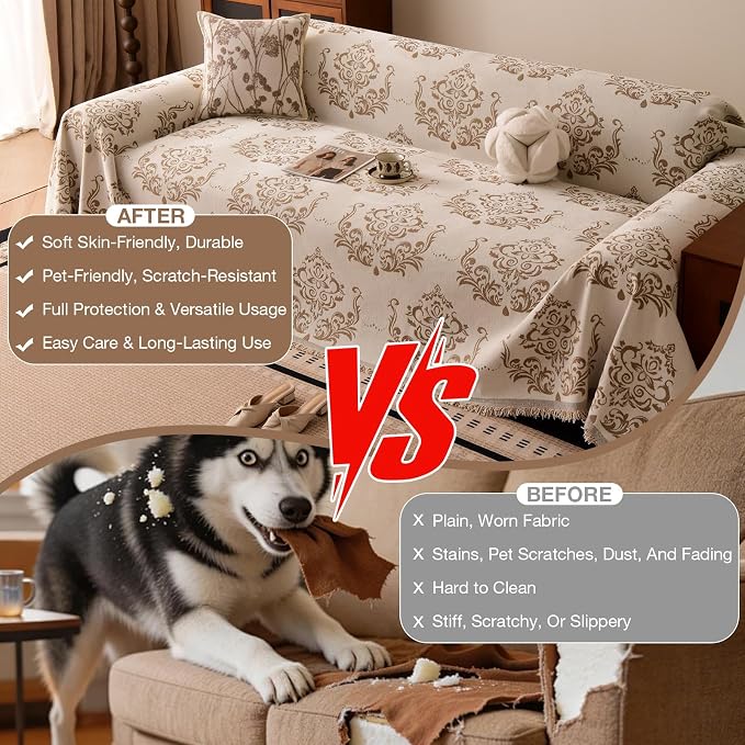 STACYPIK Vintage Floral Sofa Cover for Dogs, Versatile Couch Cover Blanket | Beige, Thick Chenille, Washable Jacquard Couch Protector for 3 Cushion Couch/Loveseat/Sectional Sofa, Pet Friendly-71"x150" - Image 3
