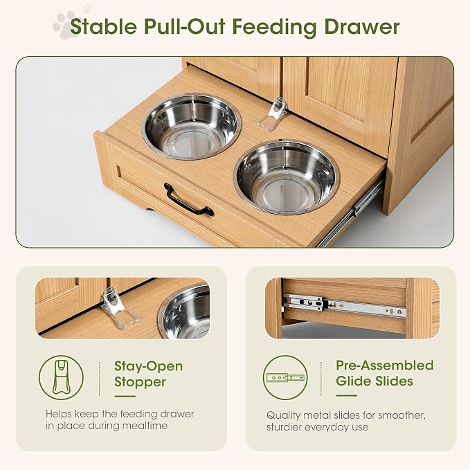 Dog Cabinet, Dog Feeding Station with Hidden Pull-Out Feeder, Oak | 5.9" Elevated Feeding Height, 2 Stainless Steel Bowls, Adjustable Shelf, 3 Side Hooks, Dog Food Storage Organizer - Image 5